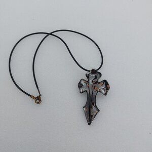 Glass Cross Pendant Marbling Effect With Black Leather Cord